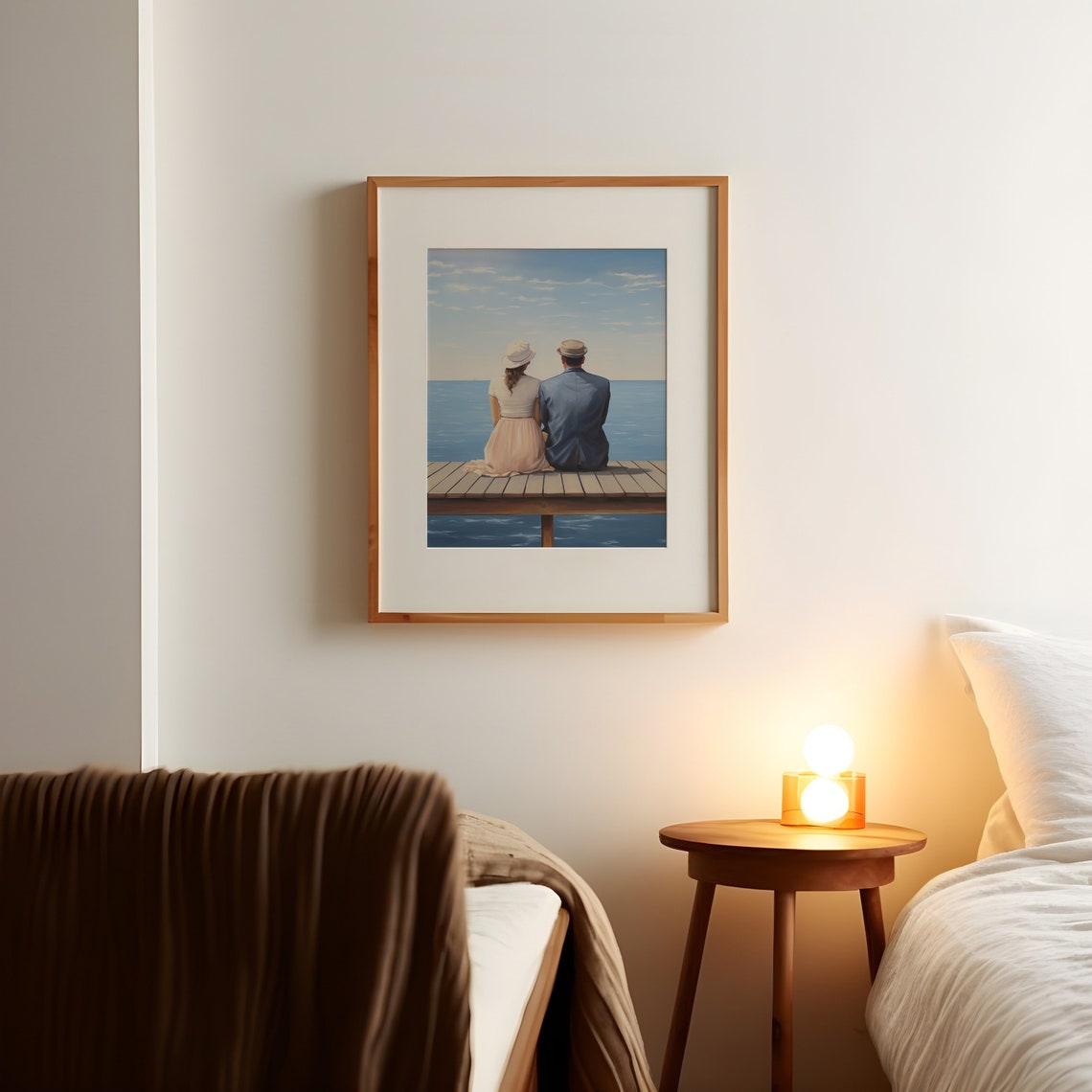 Couple Sitting on Dock Overlooking Calm Blue Sea Serene Romance Poster - Image 2