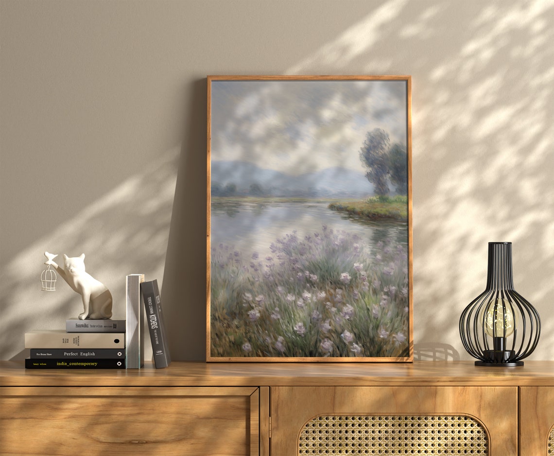 Misty River Purple Wildflowers Impressionist Landscape Wall Art - Image 3