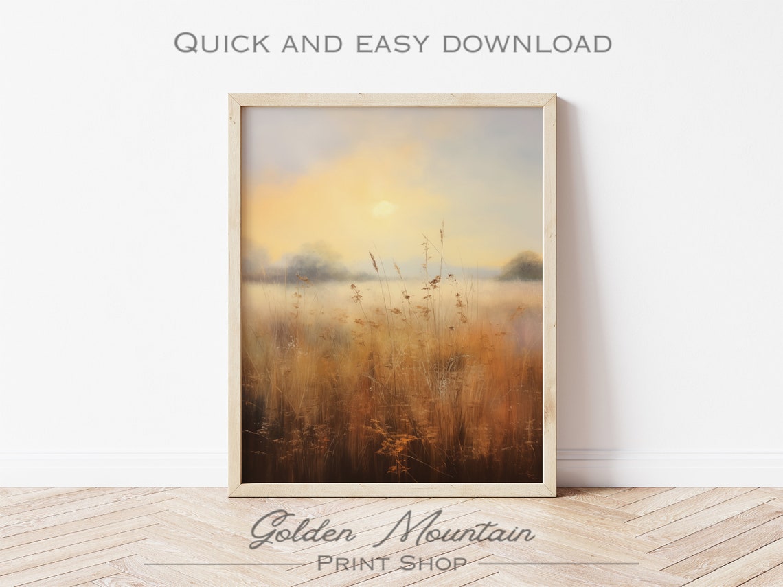 Golden Sunrise Field Misty Autumn Landscape Oil Painting Wall Art - Image 3