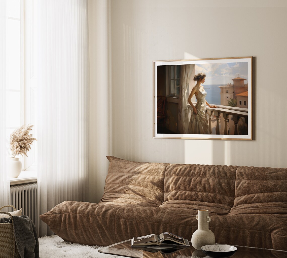 Elegant Woman in White Gown on Mediterranean Balcony Sea View Print - Image 2