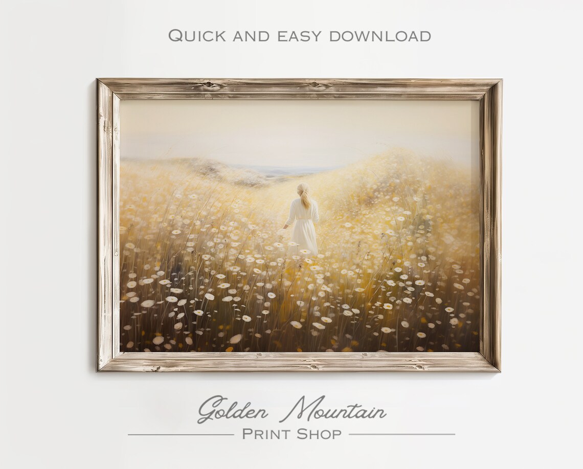 Woman Walking in Golden Wildflower Meadow Dreamy Oil Painting Poster - Image 3