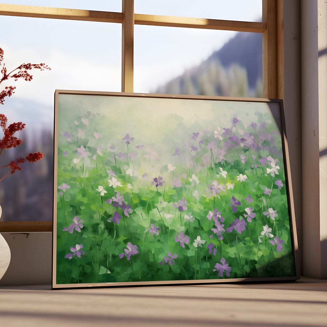 Purple White Violet Flower Field Lush Green Impressionist Poster - Image 3