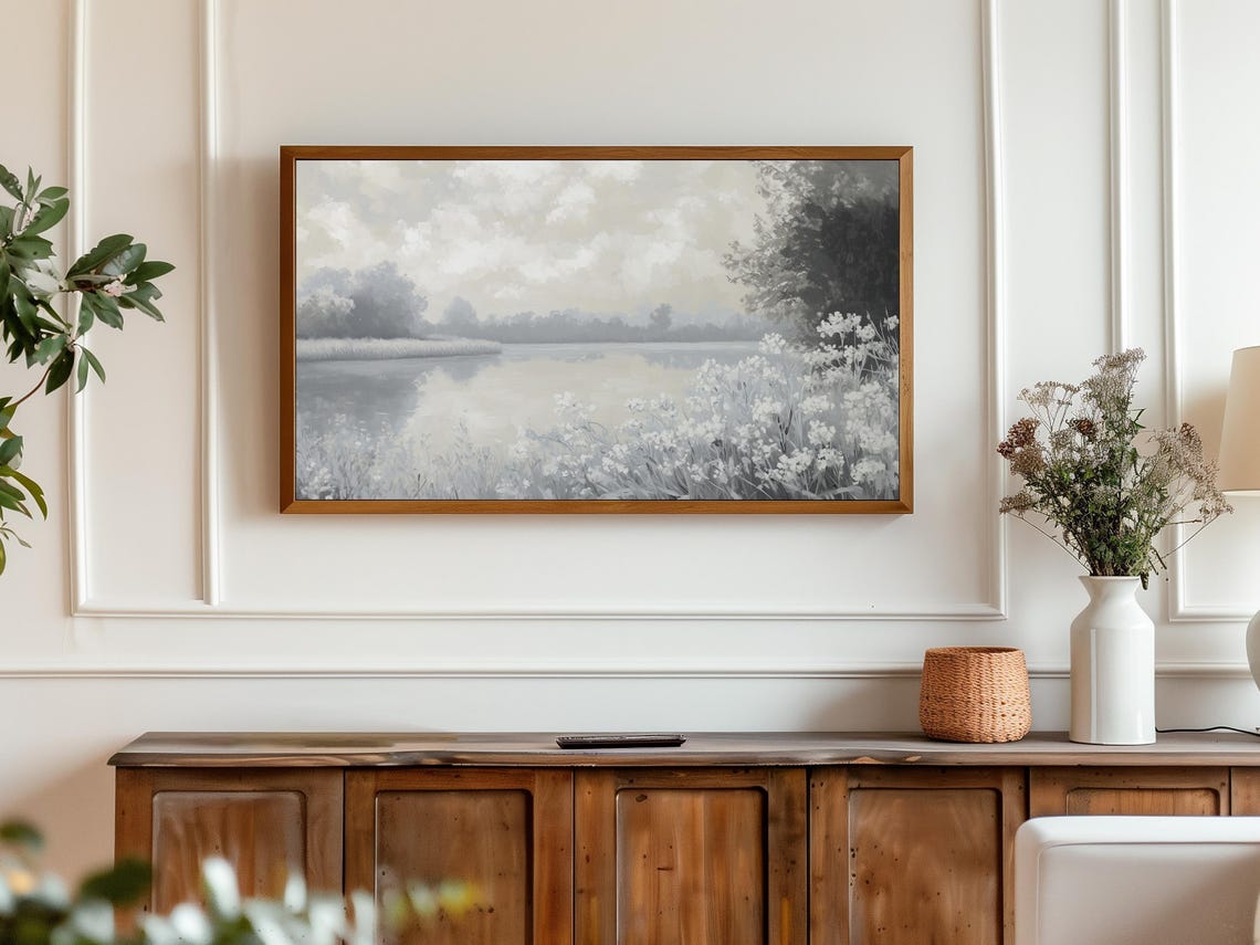 White Wildflowers Misty Lake Neutral Farmhouse Landscape Poster - Image 3