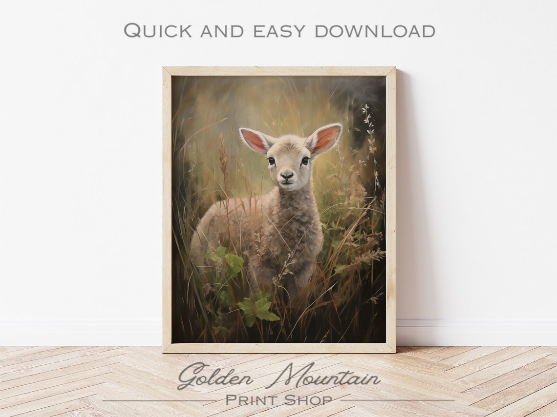Sweet Baby Lamb in Tall Grass Soft Cottagecore Wildlife Poster - Image 2