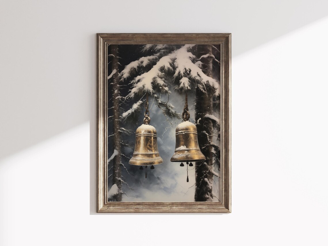 Golden Christmas Bells Snowy Pine Forest Vintage Holiday Poster - Image 3