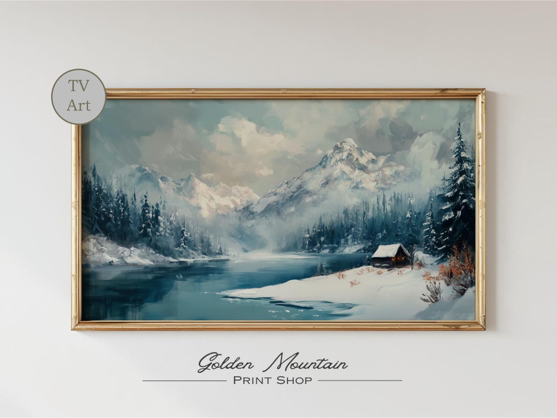 Misty Snowy Mountain Lake Cabin Winter Morning Landscape TV Wall Art - Image 2