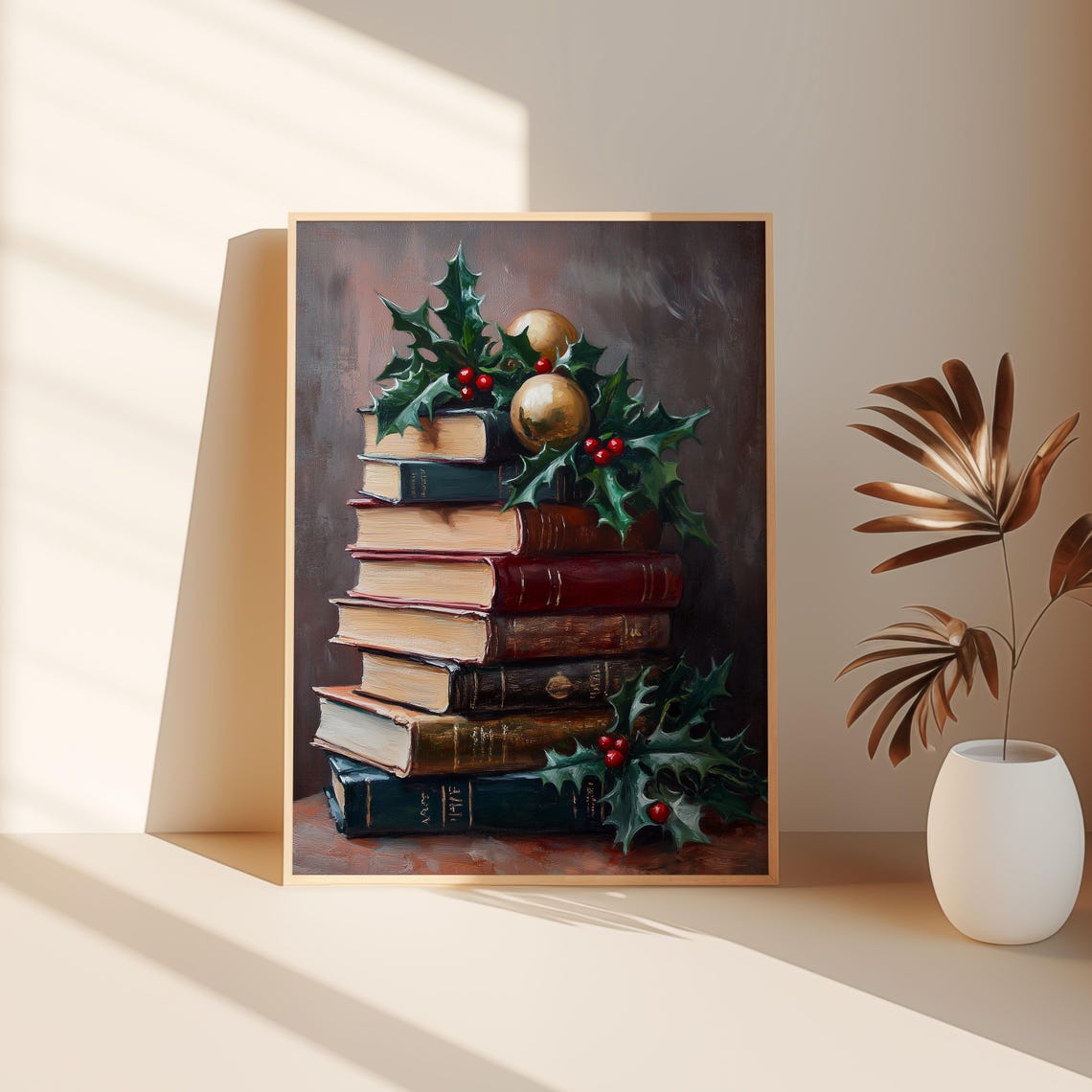 Tall Stack Christmas Books Gold Baubles Holly Greenery Decor Poster - Image 3