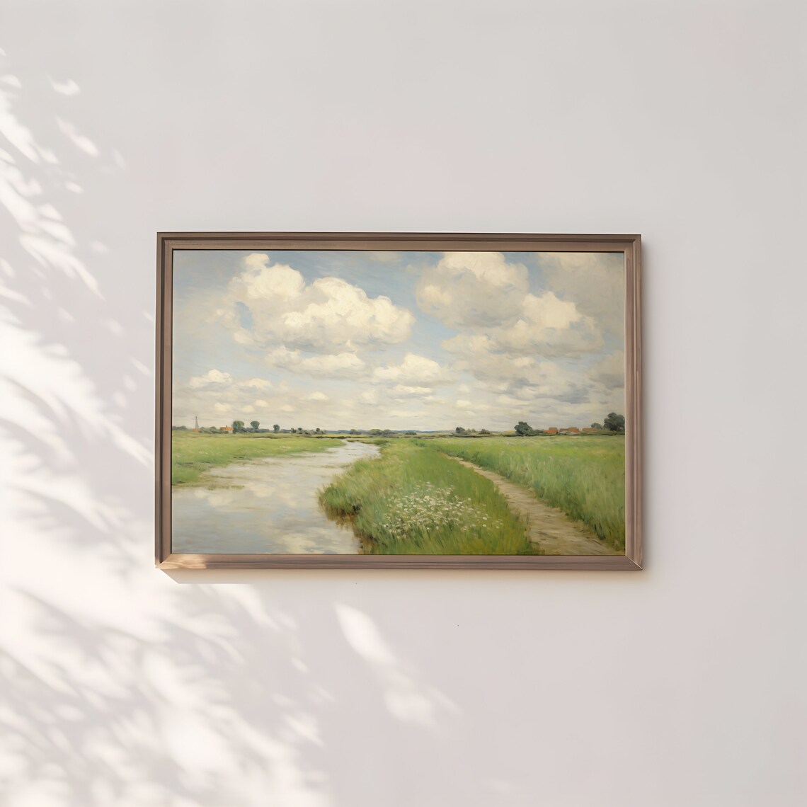 Neutral Countryside River Landscape Winding Stream Cloudy Sky Pastel Poster - Image 2