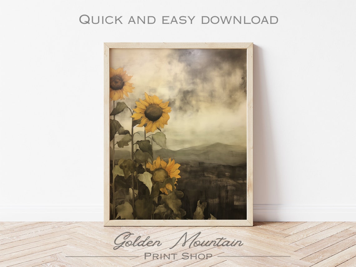 Moody Sunflowers Under Stormy Sky Dark Rural Landscape Oil Print - Image 3