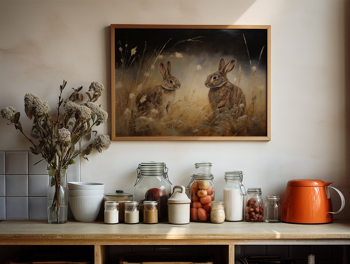 Two Hares at Dusk in Moody Meadow Wildlife Oil Painting Poster - Image 3