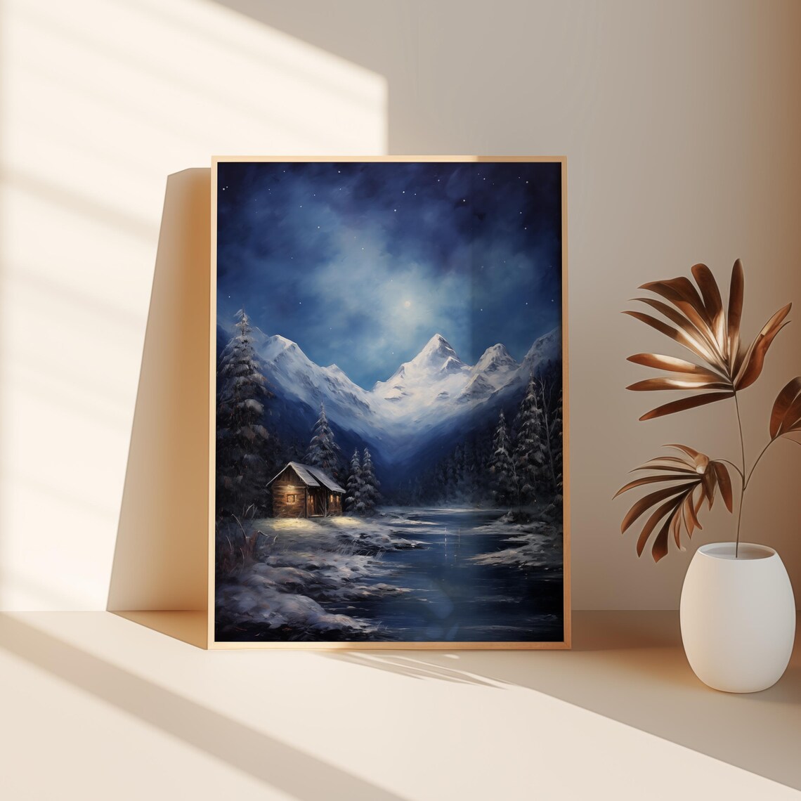 Vintage Christmas Winter Night Holiday Landscape Painting Forest Wall Art Christmas Decor Wall Art Moody Wall Art Mountain Wall Art Seasonal - Image 3
