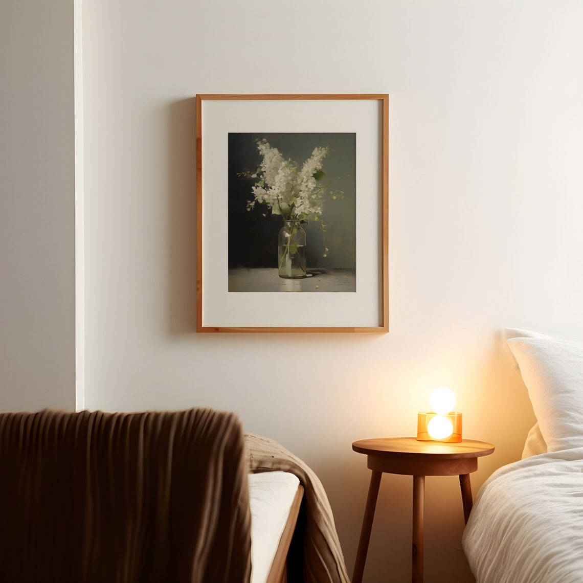 White Lilac Blossoms in Glass Vase Dark Moody Still Life Oil Print - Image 3
