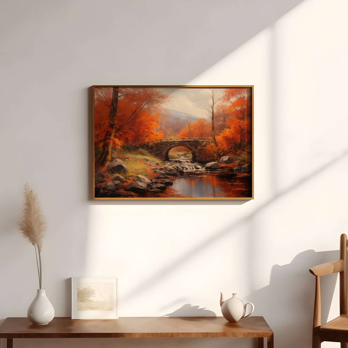 Fiery Autumn Trees Stone Bridge Stream Fall Landscape Poster - Image 2
