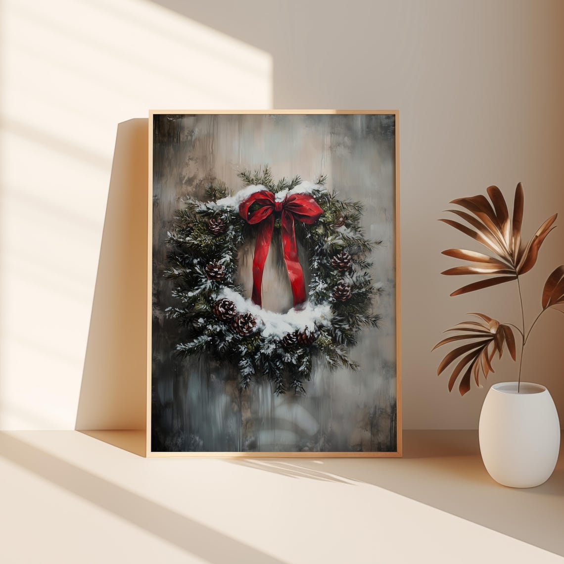 Snowy Christmas Wreath Red Bow Pinecones Rustic Winter Decor Poster - Image 3