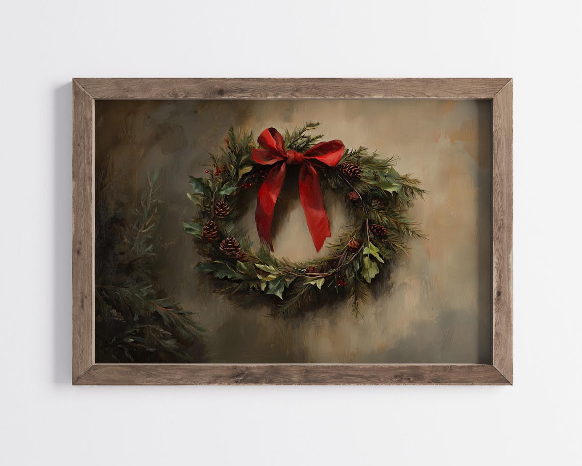 Christmas Wreath Red Bow Holly Pinecones Classic Holiday Wall Art - Image 3