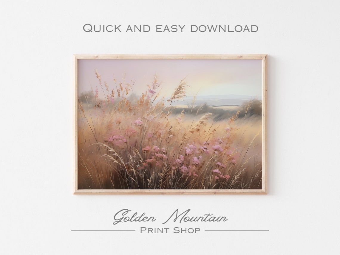 Golden Wheat Field Wildflowers Dawn Prairie Landscape Wall Art - Image 2