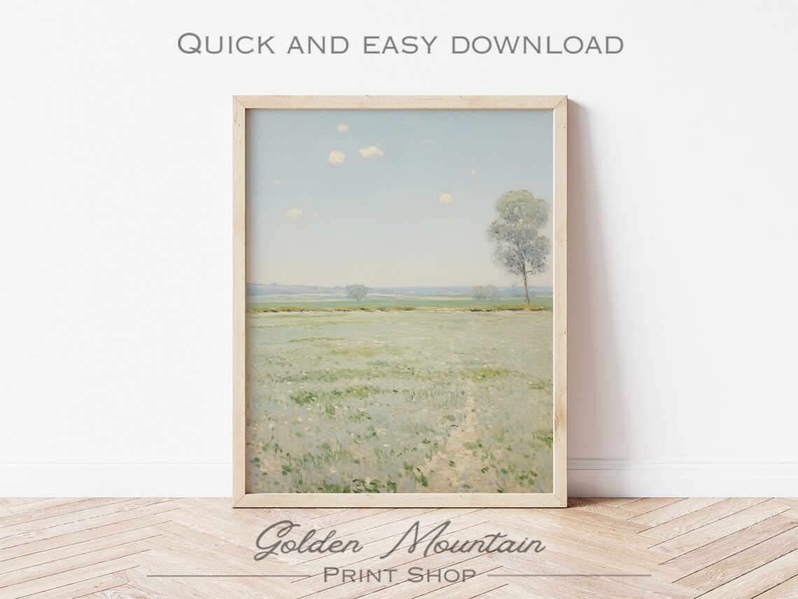 Minimalist Green Meadow with Single Tree Soft Blue Sky Landscape Poster - Image 3