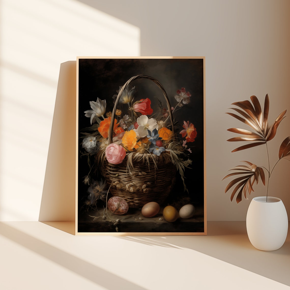 Dark Academia Flower Basket with Easter Eggs Spring Still Life Print - Image 3