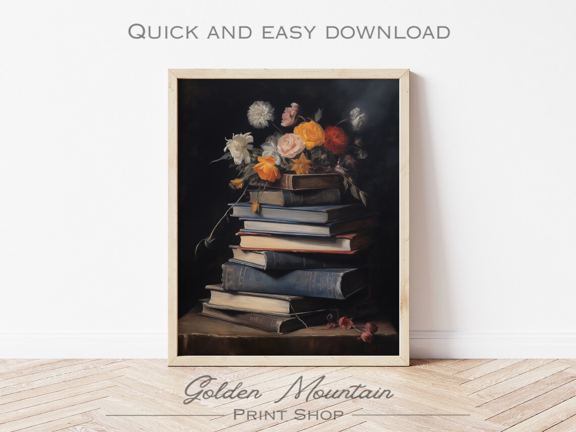 Moody Book Stack Art Print, Dark Academia Floral - Image 3