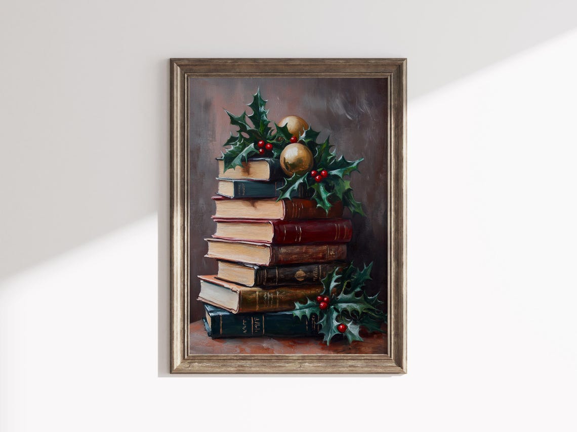 Tall Stack Christmas Books Gold Baubles Holly Greenery Decor Poster - Image 2