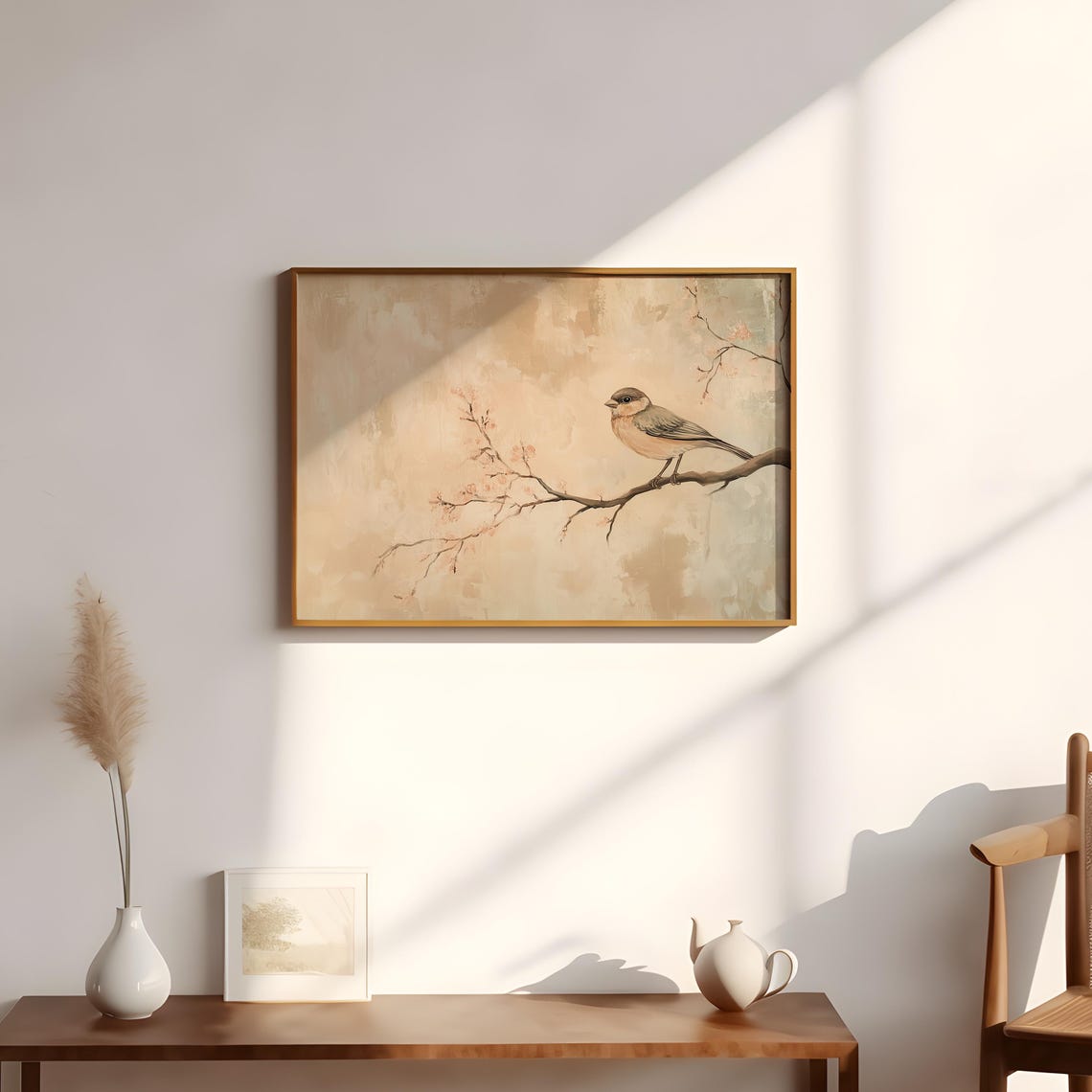 Neutral Vintage Bird On Blossom Branch Minimalist Nature Poster - Image 2