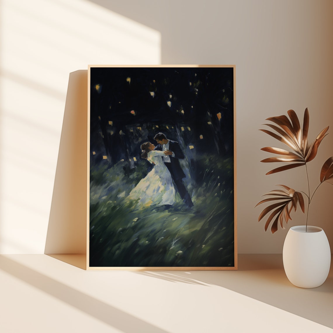 Romantic Couple Dancing Night Sky Lantern Meadow Vintage Art Poster - Image 2