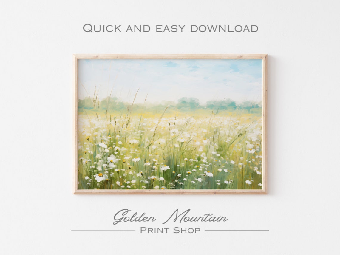 White Daisy Field in Golden Sunlight Cheerful Meadow Landscape Poster - Image 2