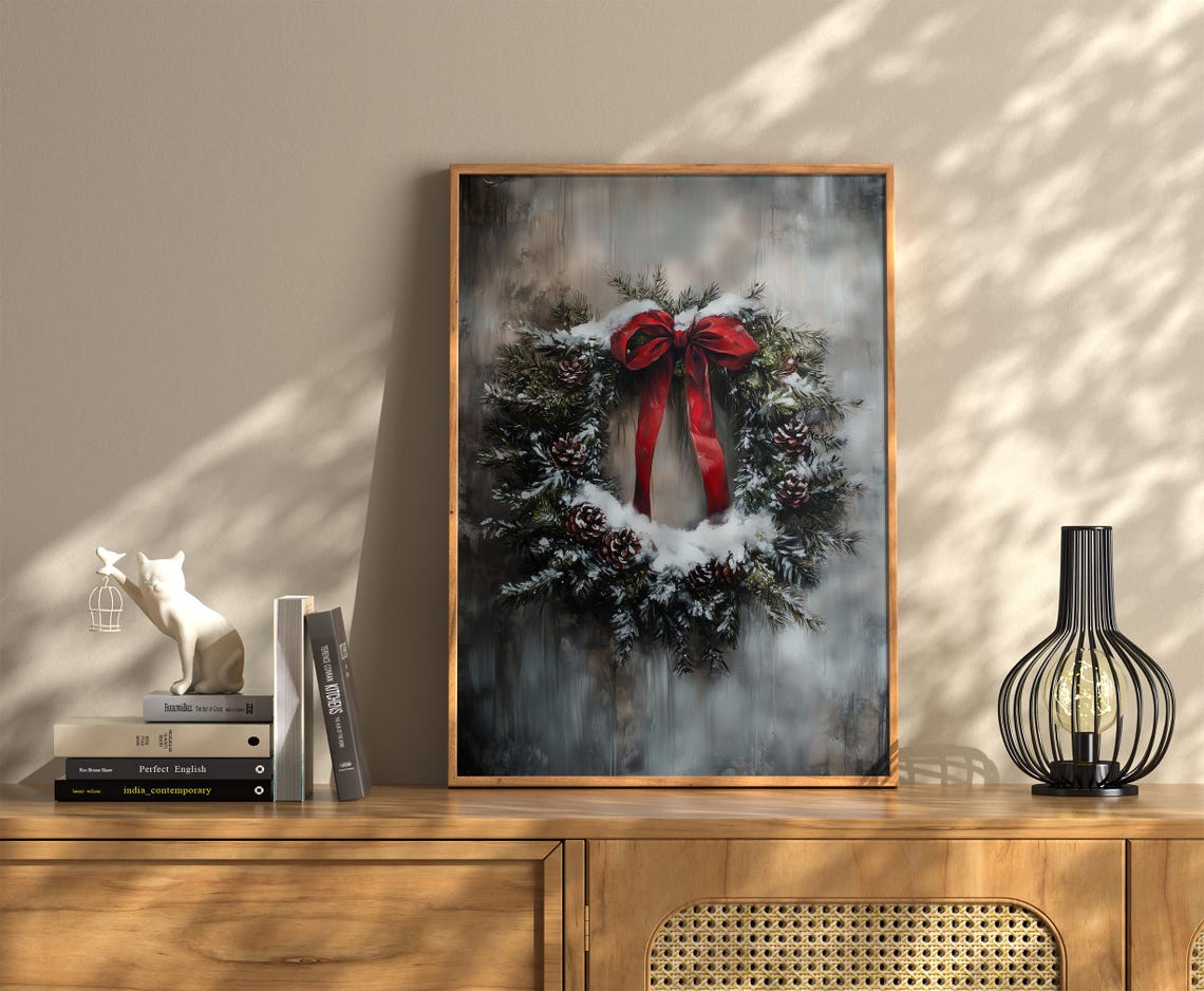 Snowy Christmas Wreath Red Bow Pinecones Rustic Winter Decor Poster - Image 2