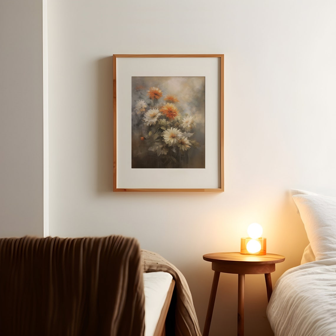 Moody White and Orange Blossom Bouquet Dark Floral Still Life Print - Image 2
