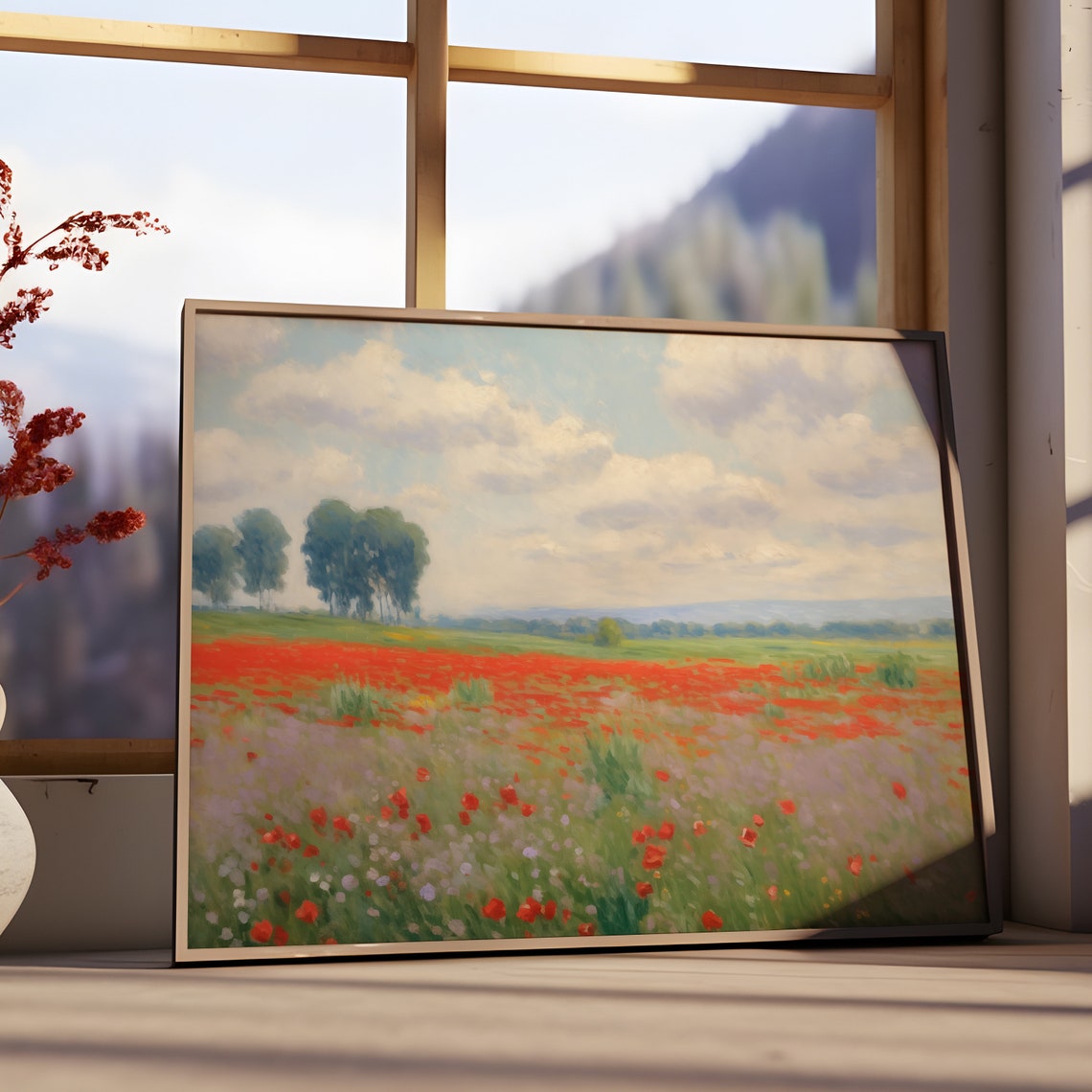Red Poppy Field Under Blue Sky Impressionist Summer Meadow Poster - Image 2