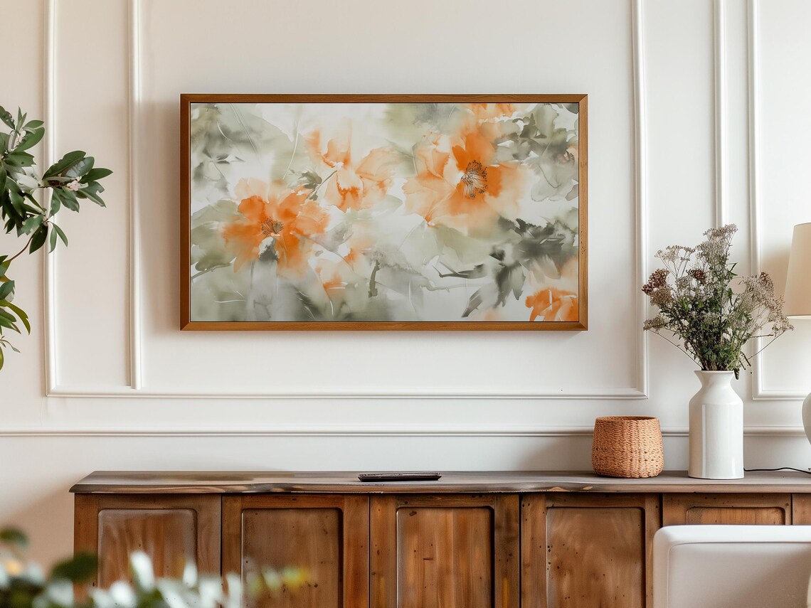 Abstract Orange Poppies Watercolor with Sage Gray Brushstrokes Poster - Image 3