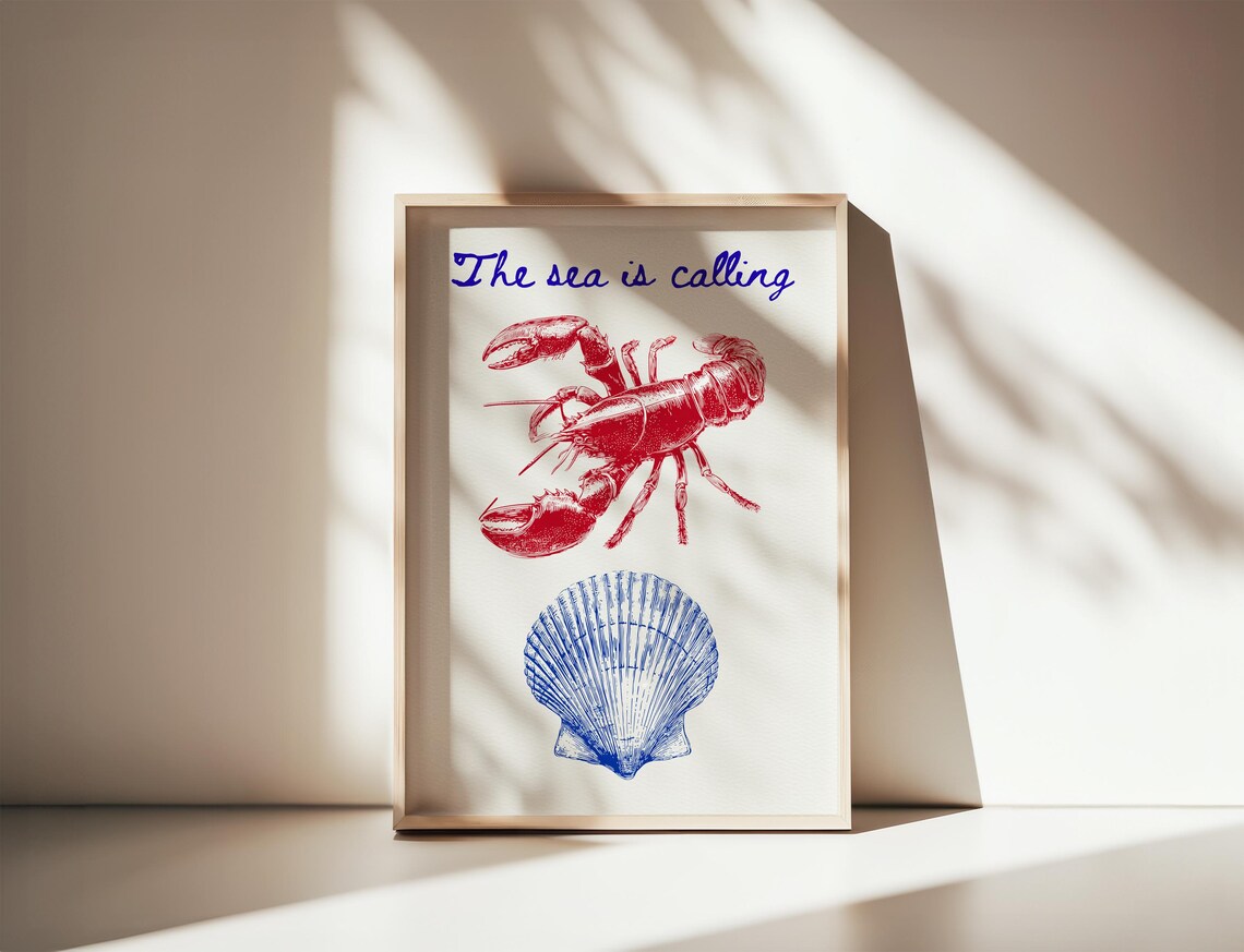 The Sea Is Calling Nautical Wall Art Lobster Shell Poster Beach Decor Ocean Life Illustration