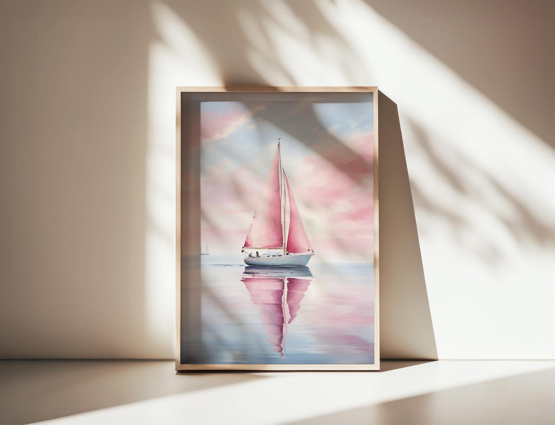 Pink Sailboat at Sunset Calm Ocean Pastel Nautical Art Poster