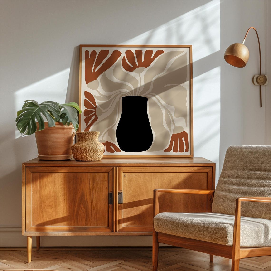 Terracotta Vase Flower Poster Retro Abstract Floral Square Canvas Art - Image 3