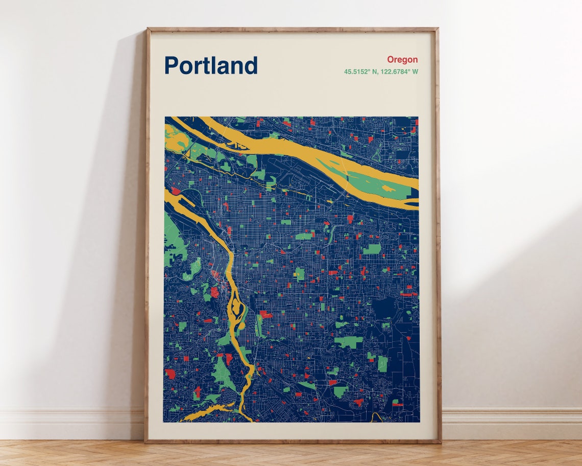 Portland Oregon Navy City Map With Golden River Poster Office Decor