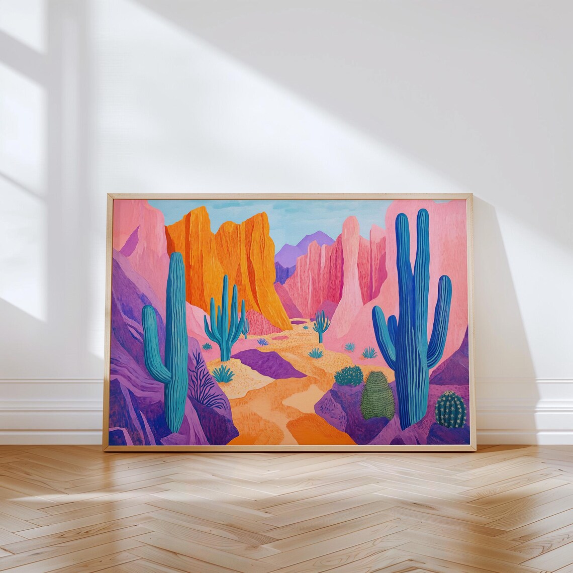 Colourful Desert Landscape Painting Cacti And Purple Peaks Poster - Image 2
