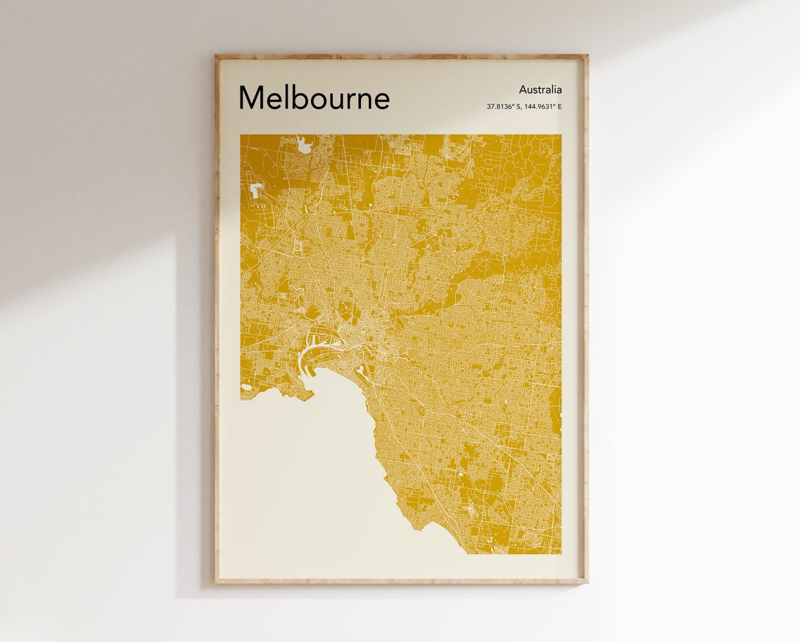 Melbourne Australia Mustard Minimalist City Street Map Decor Poster
