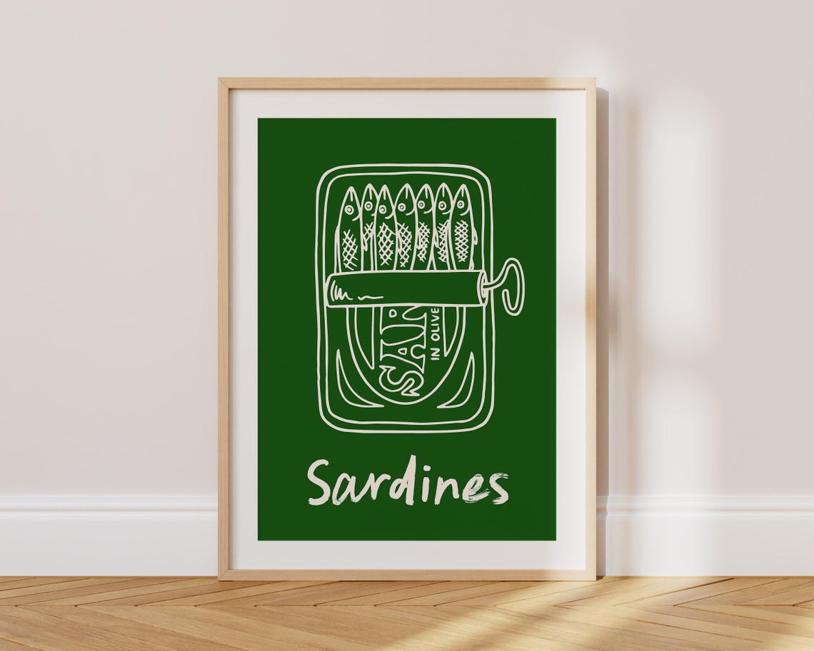 White Sardines Tin Line Art Deep Green Kitchen Mid Century Poster