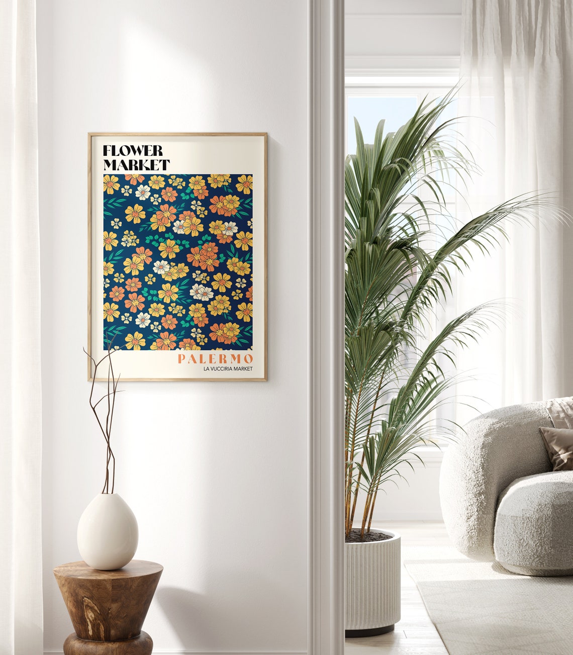 Palermo Flower Market Art Print Colourful Flower Market Palermo Sicily Flower Market Wall Art Blue Orange Flower Market Poster F134 - Image 3