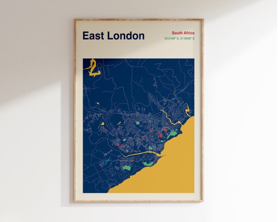 East London South Africa Map Print, Modernist Map Art