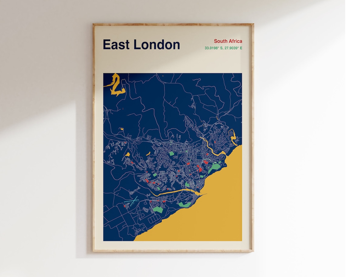 East London South Africa Map Print, Modernist Map Art