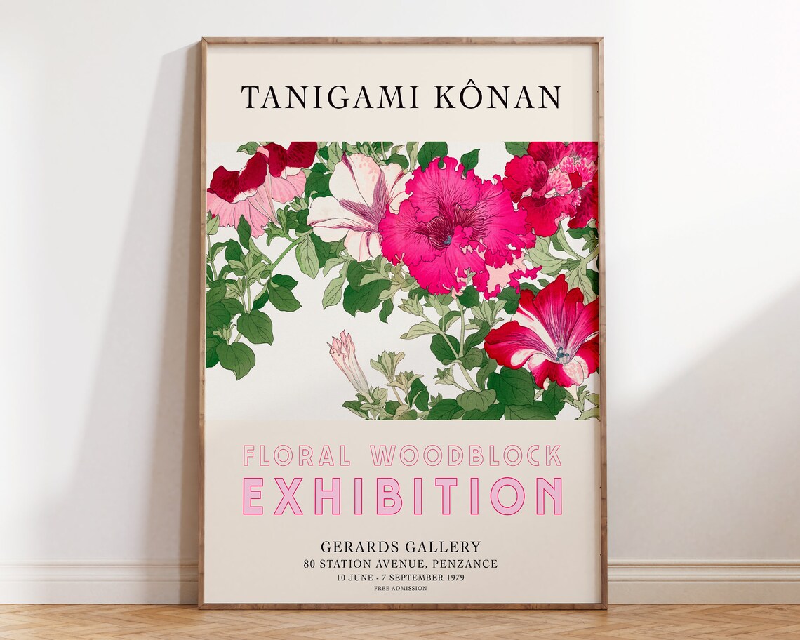 Tanigami Konan Pink Floral Woodblock Exhibition Penzance Poster