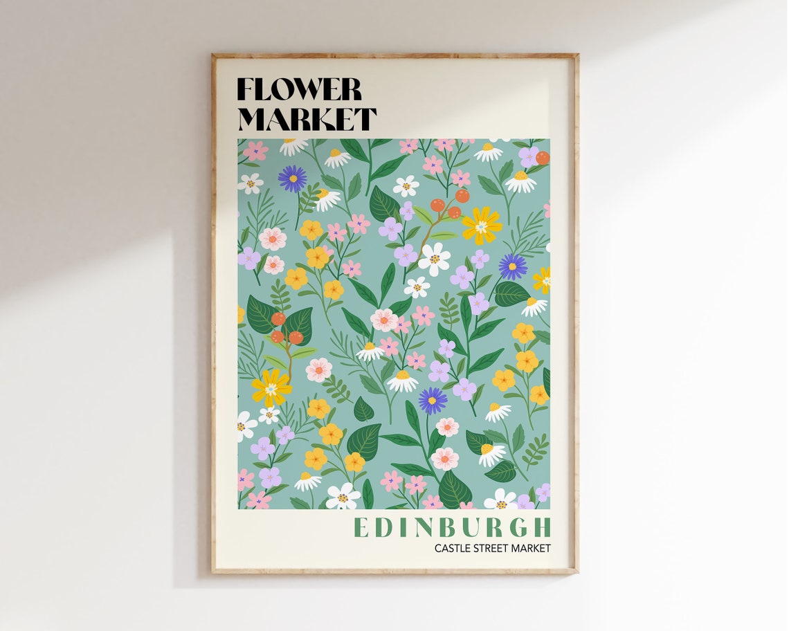 Pastel Green Flower Market Art Print Edinburgh Flower Market Poster Flower Market Wall Art Retro 70s Flower Market Retro Flowers F184