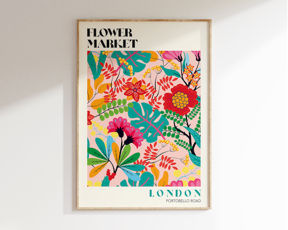 Portobello Road Flower Market, Retro 70s Art Print