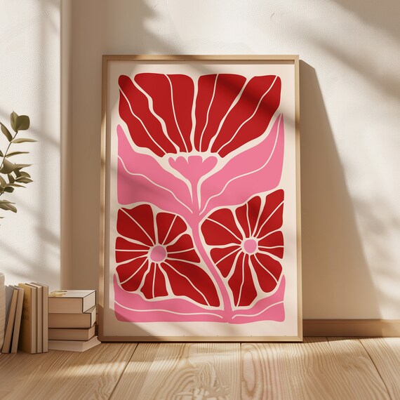 Pink And Red Wavy Flower Print Matisse Style Flower Poster Floral Bohemian Prints Trendy Flower Prints Bo138