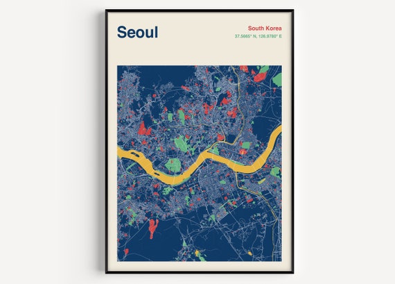 Seoul City Map Travel Poster, South Korea