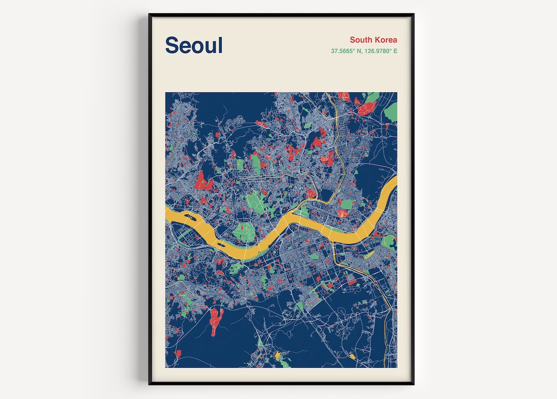 Seoul City Map Travel Poster, South Korea