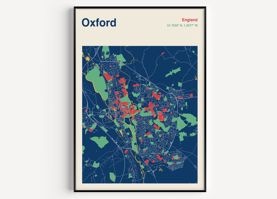 Oxford England Navy Multicolor City Map Art Poster College Decor