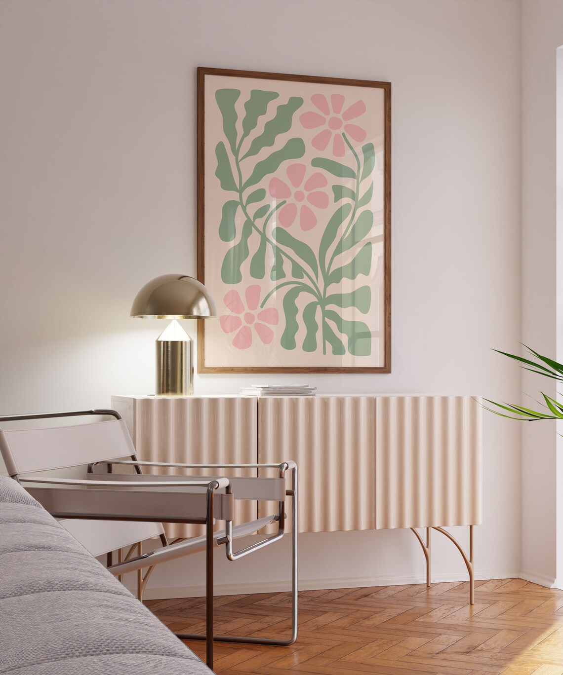 Pastel Sage Green Leaves Pink Flowers Retro Botanical Art Poster - Image 2