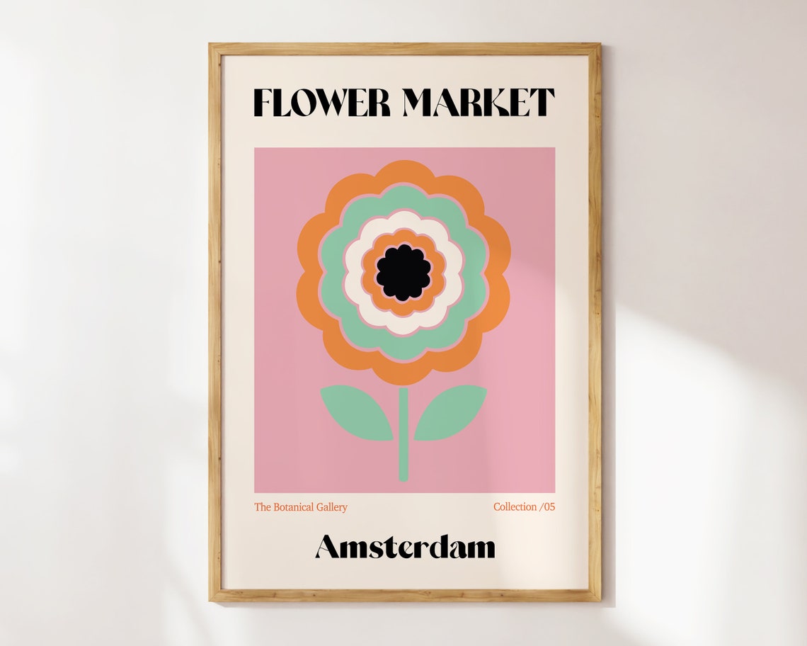 Amsterdam Flower Market Poster Retro Flower Market Wall Art Pink Boho 70s Flower Market Flower Market Print Retro Flowers F122